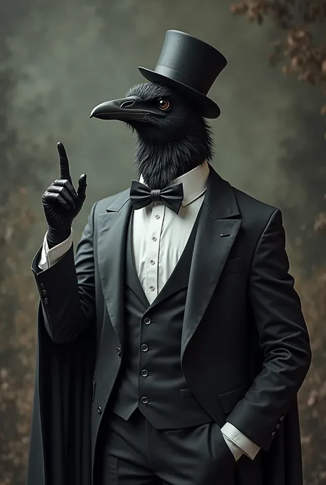 Raven with tie and top hat raising hand with little finger raised 