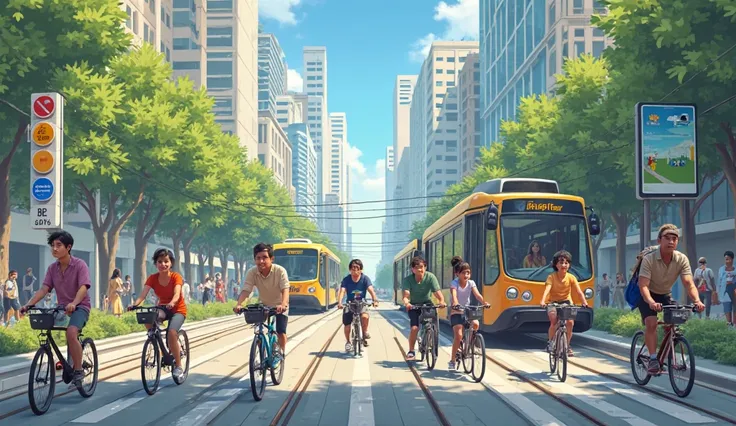 People on bicycles, using public transport or walking