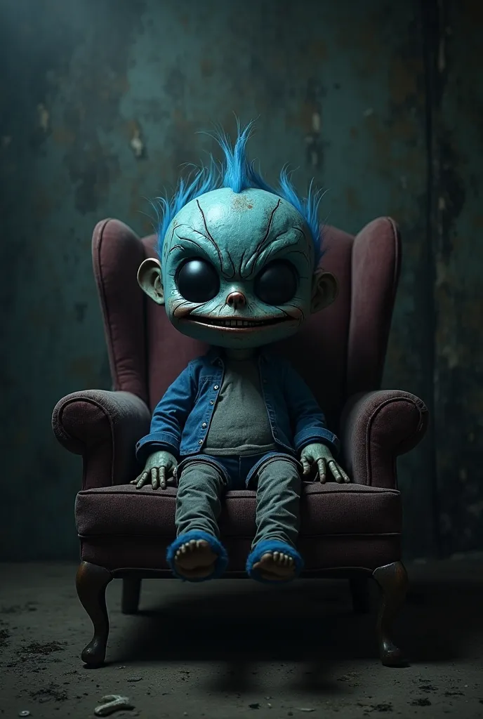 Create a creepy Mordecai doll from one more show looking forward sitting in an armchair with a dark background