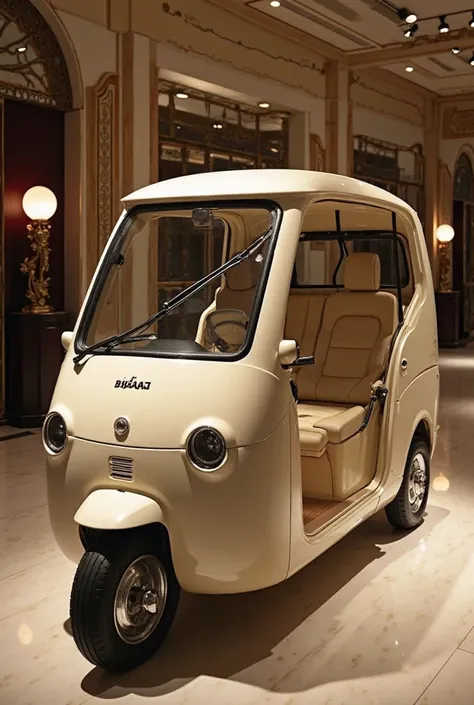 New Model New Design Bajaj Rickshaw 50 Seaters Cream shiny Exterior Front back in side view HD Realistic Luxurious Showroom background