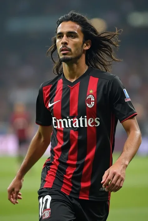 A football player with Milan is  and wears number 10 and has long black hair. His name is ILYAS. His name appears on the shirt and does not have a beard