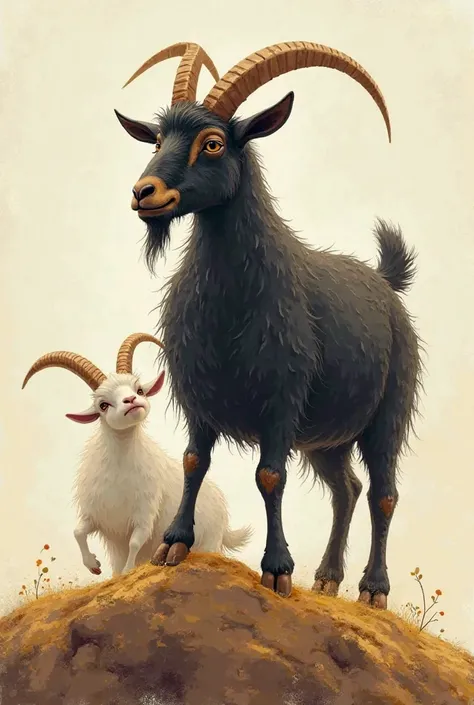 Draw two goats, a shiny and mighty black-haired male goat, 1 white female goat looking the other way does not care about the black goat. The look of a very sad black goat, the white goat's gaze is mischievous and also prefers to explore the outside world. ...