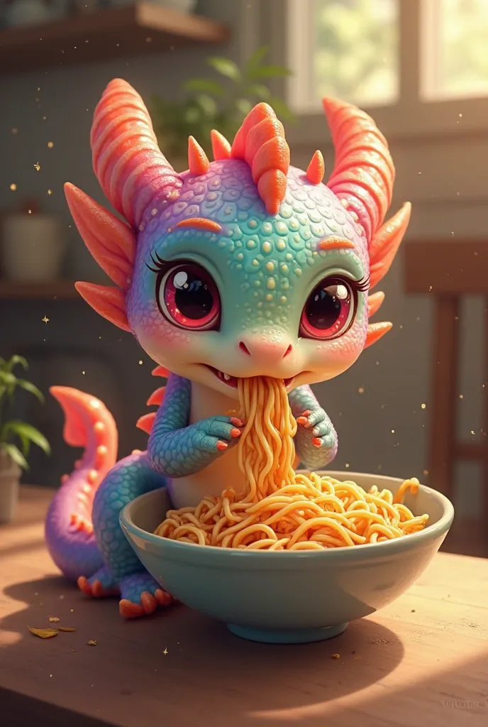 Cute little rainbow dragon ball eats noodles