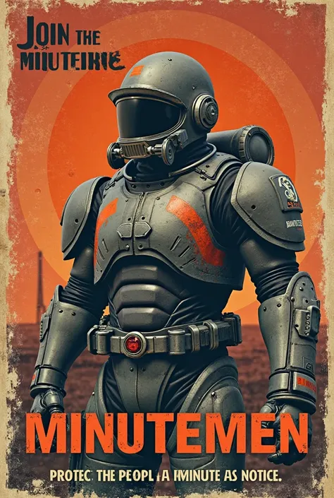 propaganda for the minutemen in Fallout 4 using T-60 Power Armor with the minutemen paint job and the slogan "protect the people at a minute's notice" at the bottom and the top text saying "Join The Minutemen