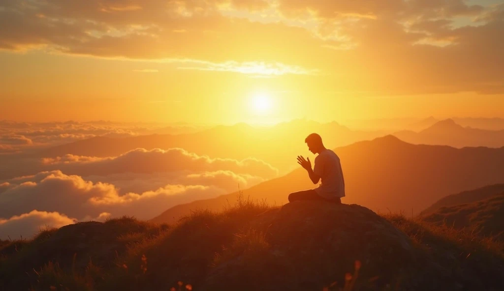 A heavenly sunrise over a mountain, with golden rays illuminating the sky and a silhouette of a person on their knees praying.  The scene transmits peace , gratitude and spiritual connection with God. On the horizon, you see soft clouds and a divine glow t...