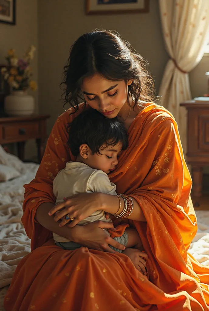 A woman is breastfeeding her , and the woman is wearing a sari and the boy's face is covered with a sari while he is breastfeeding, inside her bedroom.