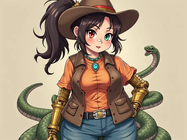 anime drunk obese busty tomboy brown cowgirl hat rough brown ponytail hair right eye covered by red orange yellow highlights green left eye band aid on nose blue fire charm necklace with ruby brown sleeveless western vest orange plaid short sleeve shirt go...