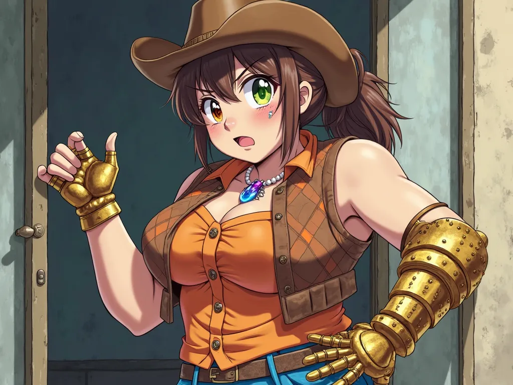 anime drunk obese busty tomboy brown cowgirl hat rough brown ponytail hair right eye covered by red orange yellow highlights green left eye band aid on nose blue fire charm necklace with ruby brown sleeveless western vest orange plaid short sleeve shirt go...