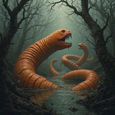 big and huge orange worms in a black swamp with twisted trees