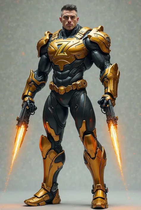 A hyper-realistic superhuman warrior stands tall, exuding power. His body is fully covered in a sleek, not mouth, intricately designed suit with a complex chest plate featuring a bold golden-platinum "Z" emblem. His muscular physique is accentuated by the ...