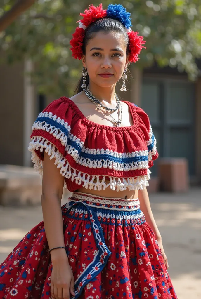 A Paraguayan woman wearing a dance skirt and a ñanduti blouse with colors from Paraguay's national colors Red, white and blue, that the blouse is short sleeve and made of yarn and has flower ornaments on the head of Red, white and blue. 