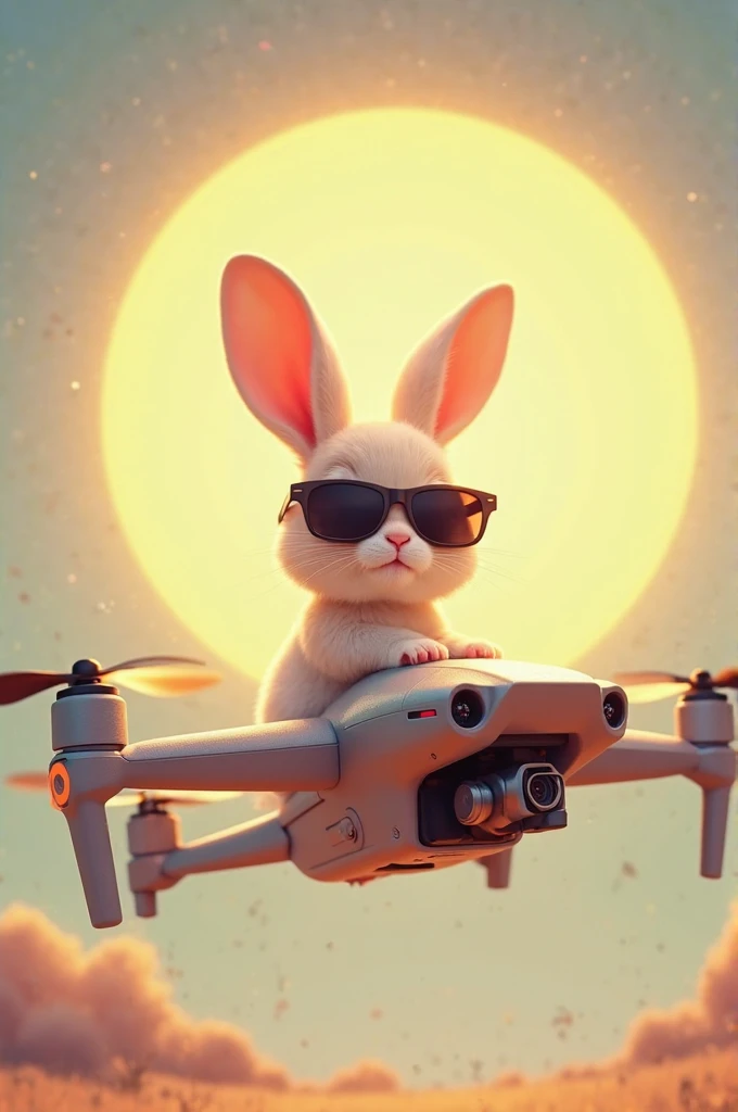 Baby rabbit on a drone with sunglasses, A sun behind