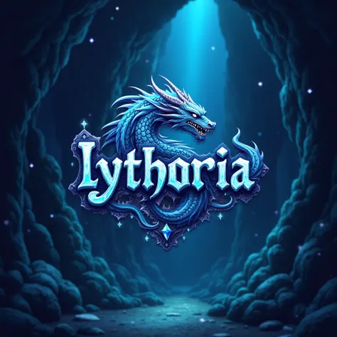  ANIMATED STYLE . Golden logo for me to say " Lythoria " with medieval letters and a dragon. In the background a blue cave with blue diamonds.