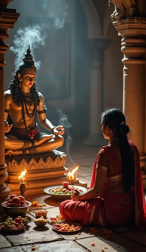 "An ancient Indian household where a woman, dressed in a traditional saree, is observing a vratam (fast) in front of a beautifully adorned idol of Lord Shiva. The scene is set in a dimly lit home with oil lamps casting a warm glow. The woman is seated on t...