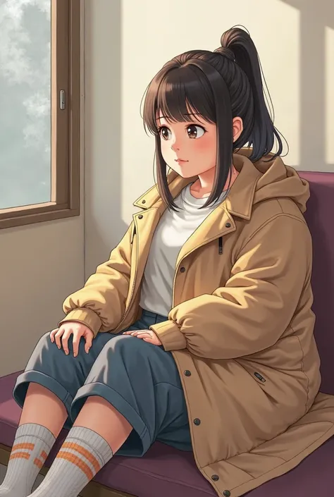 a chubby okayish girl sitting wearing a overcoat and shoes but with football socks . from the side