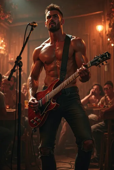 Muscular man without a shirt singing in a bar with a guitar. 