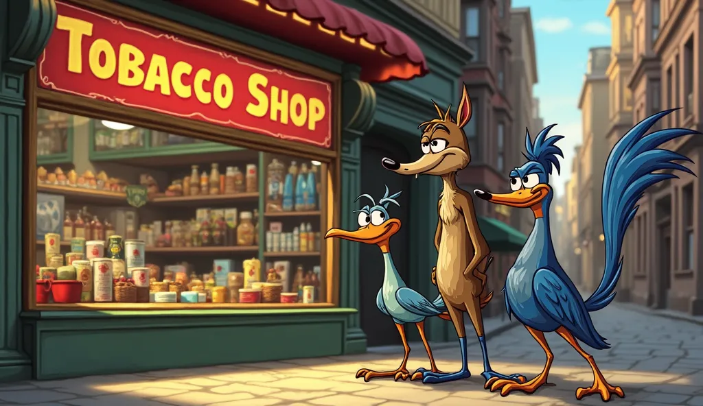 A  "The Coyote and the Road Runner stand in front of a Hungarian store with the inscription Hungarian National Tobacco Shop"-the Coyote and the Road Runner stand in front of a store with Hungarian inscriptions from the fairy tale and look curiously inside ...