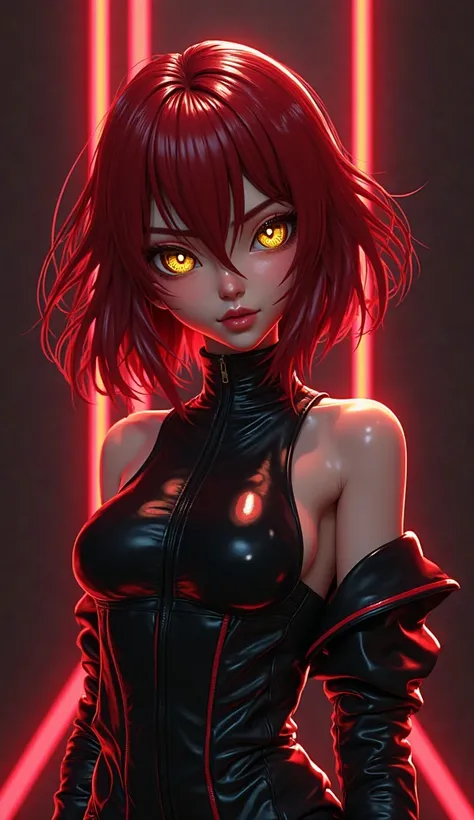 Design a stunning 3D anime character as the focal point of the mobile wallpaper, with the character appearing to pop out from the screen. The character should have striking, sharp features with dark crimson red hair that has a glossy, flowing texture, and ...