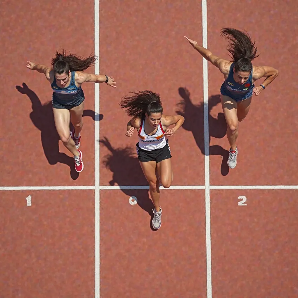 Competition running at a hundred-meter distance, three athletes run synchronously, the intrigue of victory before crossing the white ribbon three meters, tension, close-up focus on the white finishing striped ribbon, photo, competition, top view