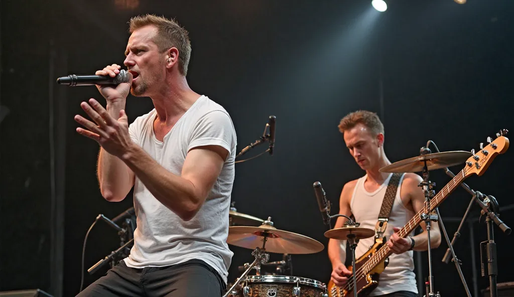 full punk-rock stage mode:
A man as the lead singer with short hair, wearing white t-shirt, is furiously gripping the microphone amd mic stand with his hand, A man as The drummer with short hair, wearing white tanktop, is furiously playing drum.