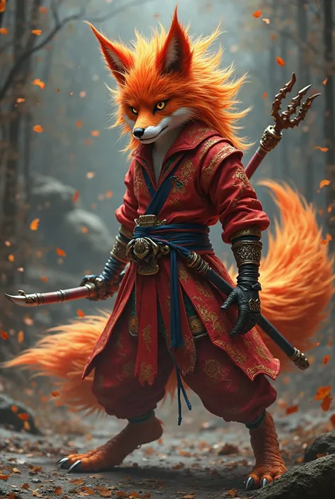 Nine-caldas ninja fox with the characteristics of a red wolf and a yellow dragon. They wield both a small trident and katanas.