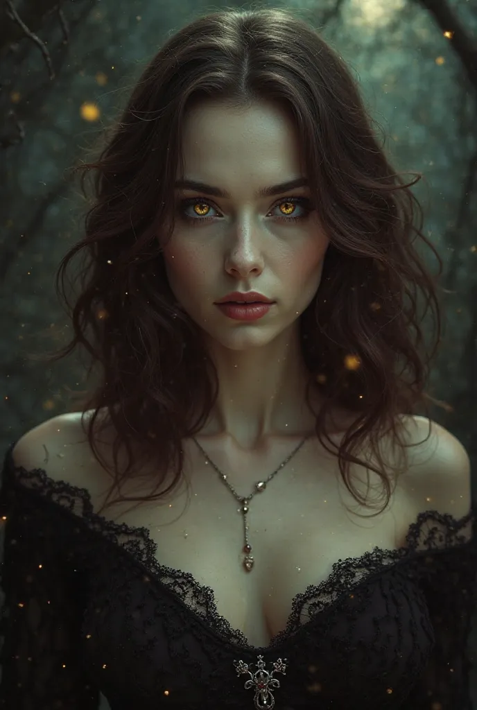 Book cover of a vampire,medium short wavy brown hair, pale,yellow eyes, beautiful 