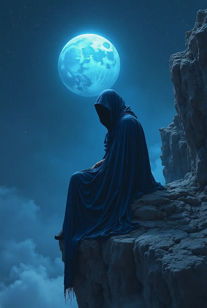 A mysterious, hooded figure draped in a long, flowing blue cloak sits solemnly on the edge of a rugged, rocky cliff. The figure’s face is hidden in deep shadow, adding an aura of enigma and solitude. The background features a vast, dark starry sky with cou...