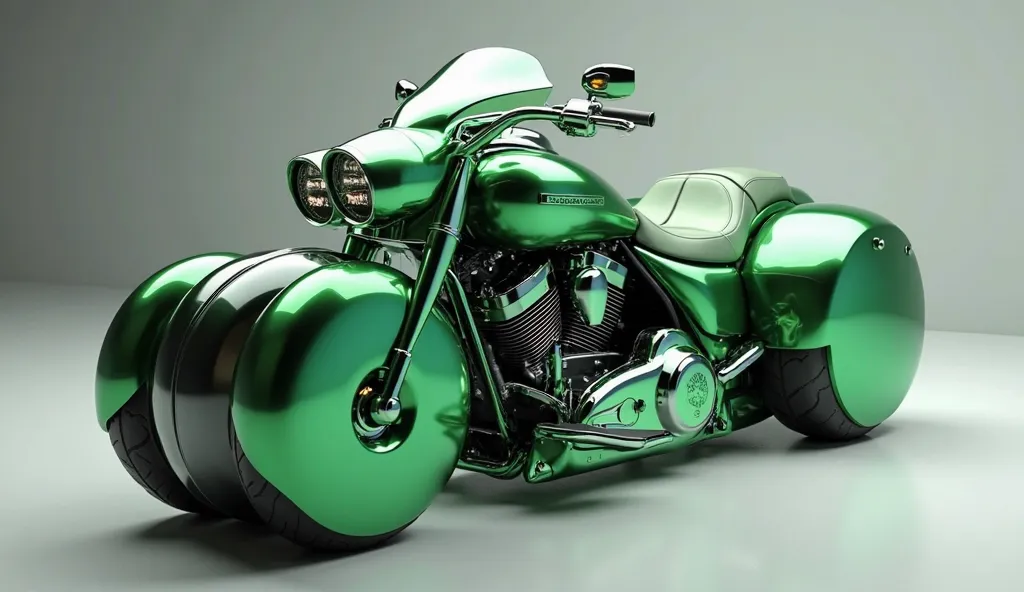 
Generate a high-resolution, fully realistic image of a (2025  motorcycle Harley Davidson road king) in (Vibrant  green Color) , with a sleek and modern exterior, futuristic wheels, and a shimmering body color, displayed in a luxurious showroom.The image s...