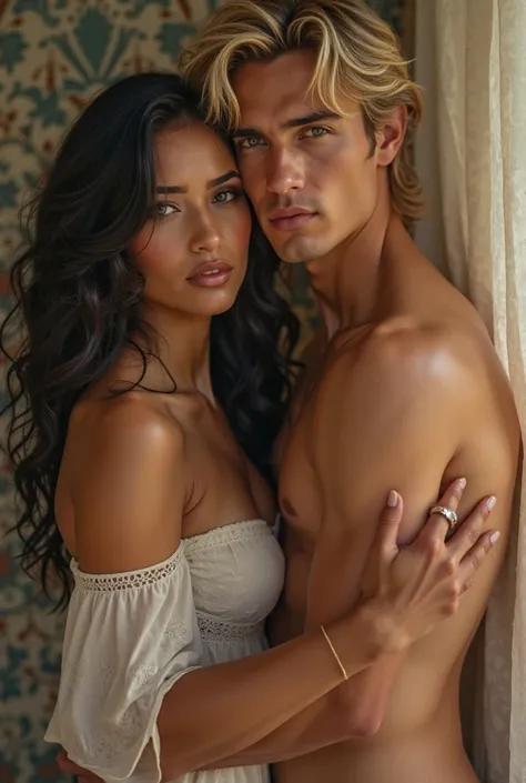 Image of a couple, The white-skinned and dark-haired Latin woman, the white-skinned American man with blond hair and blue eyes