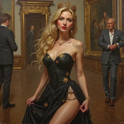  realistic oil painting .  Beautiful Russian woman , earrings and necklace with leather
white porcelain, blushed cheeks, small nose,
abundant eyelashes , And red lips. She has green eyes and long blond hair. She wears a long black corset dress with gold fl...