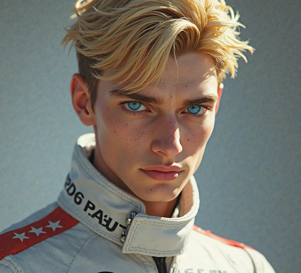 a young handsome guy with blond hair and blue eyes in a racing red suit is very handsome. with a beautiful face 