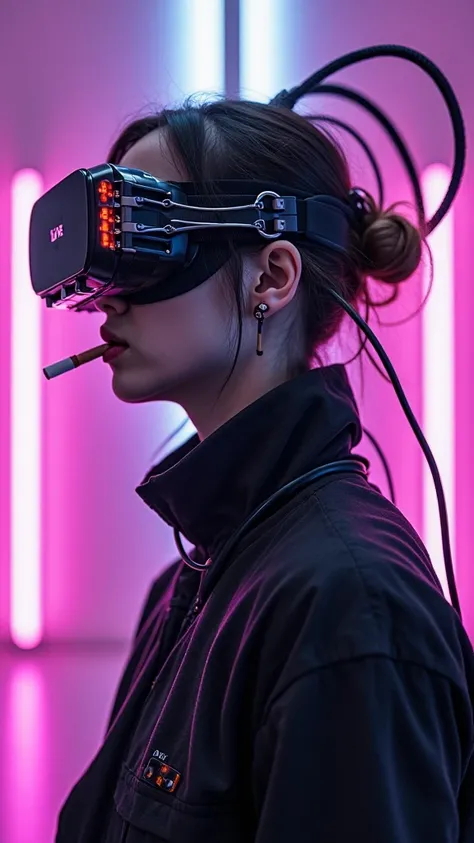 The image presents a central character in a science-fiction environment. The individual wears a virtual reality or cybernetic device over his head, that is composed of multiple cables and technological elements that extend up and back, , suggesting a direc...