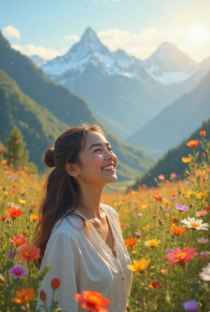 Happy woman looking at a beautiful flowery new horizon