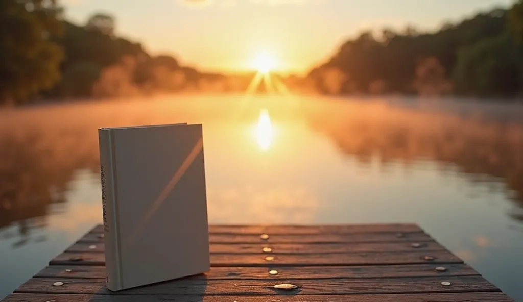 Sunrise by the River
A hardcover book standing upright on a wooden dock overlooking a calm river at sunrise. Mist gently rises from the water as the golden light of dawn reflects off the surface. The book’s minimalist cover contrasts beautifully with the v...