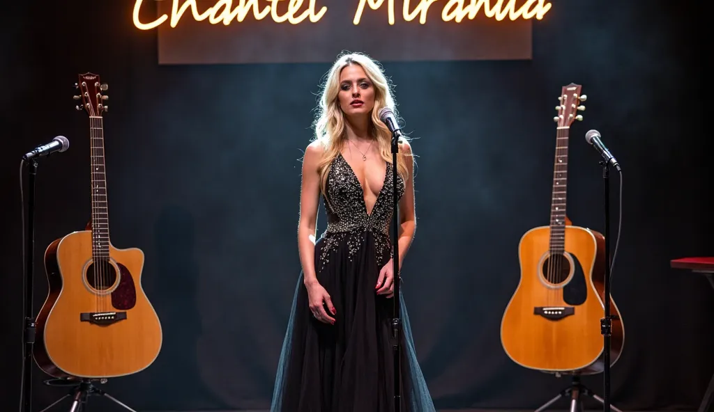 Picture of a stage, Where two acoustic guitars are shown , two microphones and in the center a fair-haired woman wearing a black dress with rhinestones, above a sign with the word "Chantel Miranda"
