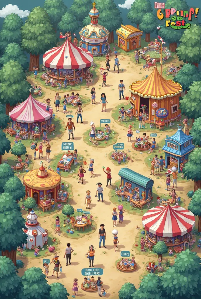 creates a map of a festival called Olpanol fest that is a map format so that people don't get lost, that has a hotel and food stalls 