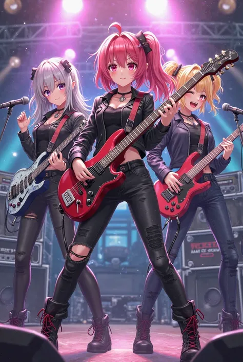 It makes an image of three anime-style girls posing as if they were in a rock band 