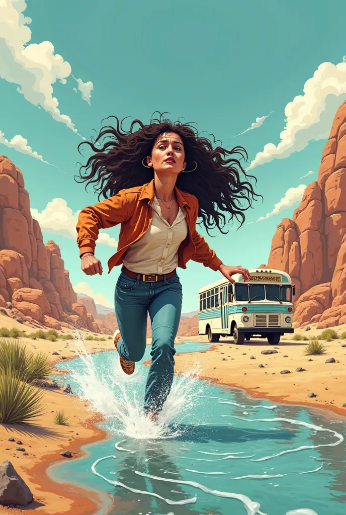 A saleswoman with long curly hair fleeing a river overflow in a desert area, In the background you can see an old bus in white with light blue. Do it in cartoon style