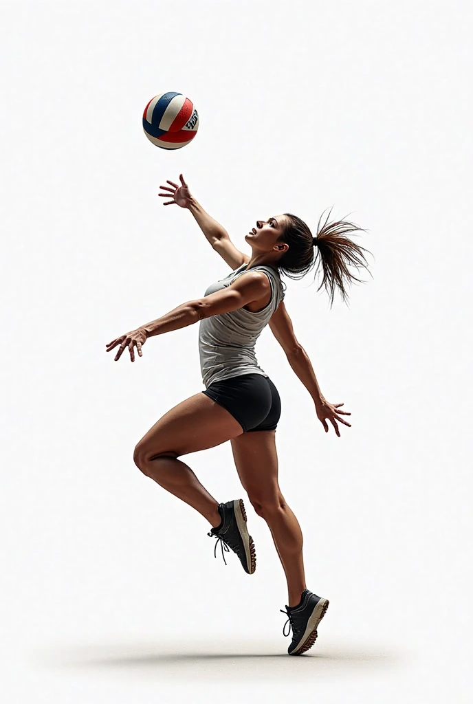 Female volleyball player attacking the Mikasa ball on the net white background 