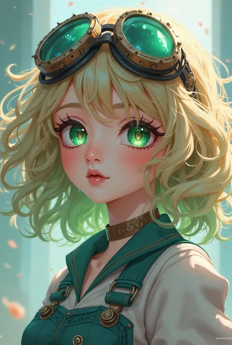 blonde girl, anime, green locks, goggles, curly long hair