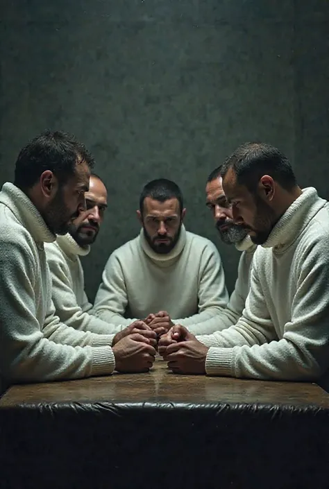 Create 5 men in a white sweater planning an attack