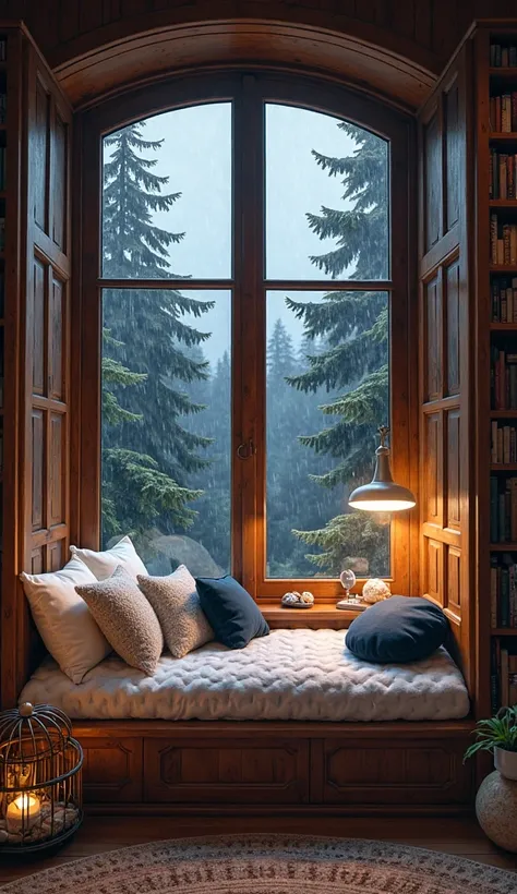 A cozy wide windowsill transformed into a reading nook with a soft mattress, fluffy pillows, a large dark blue pillow, and a round cushion. There is no blanket or throw. The window is set within a grand wooden bookshelf filled with countless books, and dec...