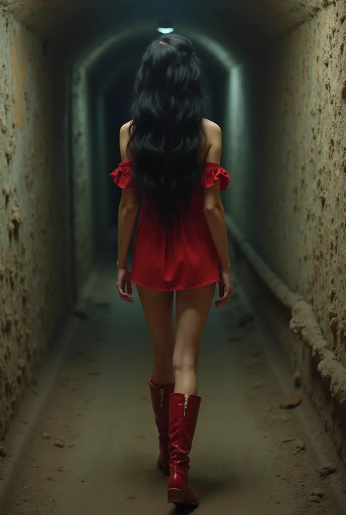 Realistic photo, cinematic quality, dark fantasy, Beautiful girl with wavy long black hair, sexy body, princess Jasmine, in sexy red short tunic, in red boots, bare legs are visible, bare shoulders are visible. Walks through a dark underground tunnel, agai...