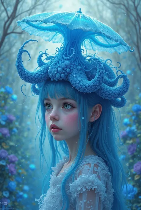  Girl, in shades of blue, with a jellyfish umbrella and pincers that come from this hat and curl their hair