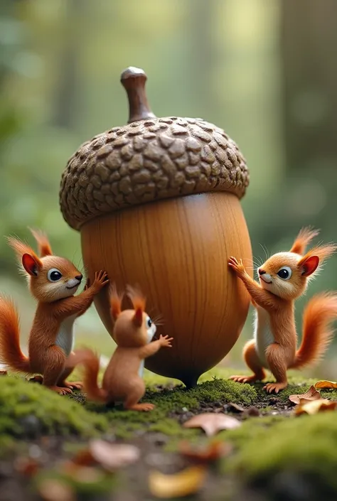 cute mini squirrels are trying to transport a giant acorn.