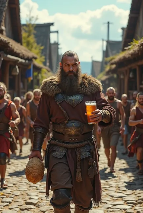 "Create a hyper-realistic POV image capturing the first-person perspective of a Viking warrior walking through a village street. In one hand, he holds a loaf of bread, and in the other, a chalice of beer. The scene depicts villagers running in fear around ...