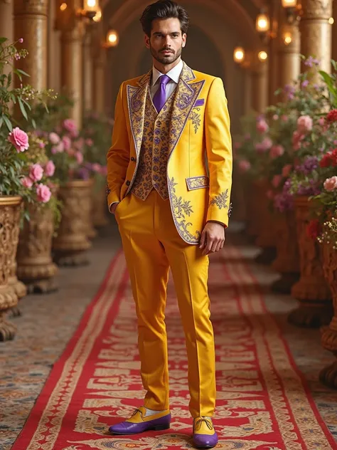 latest fashioned wedding reception grandeur ultra premium yellow and purple coloured designer three piece suit with Ari Designs with shoes