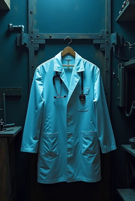 A doctor's coat with a stethoscope on top and blacksmithing equipment next to him 
In a room with blue lighting