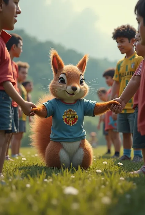 An image of a squirrel wearing a t-shirt from Talleres de Córdoba, standing in front of two different groups that shake hands for peace