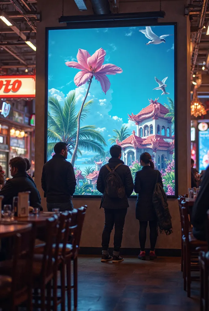 I want to create images where it can be seen that businesses in various fields use screens to advertise their products and that it can be seen that people are watching the screens, That they are inside restaurants and shopping centers and inside retail sto...